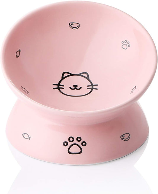 Elevated Pink Ceramic Cat Bowls - Stress-Free Slanted Design for Food & Water, Protects Cat's Spine with Backflow Prevention