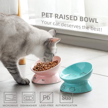 Elevated Pink Ceramic Cat Bowls - Stress-Free Slanted Design for Food & Water, Protects Cat's Spine with Backflow Prevention