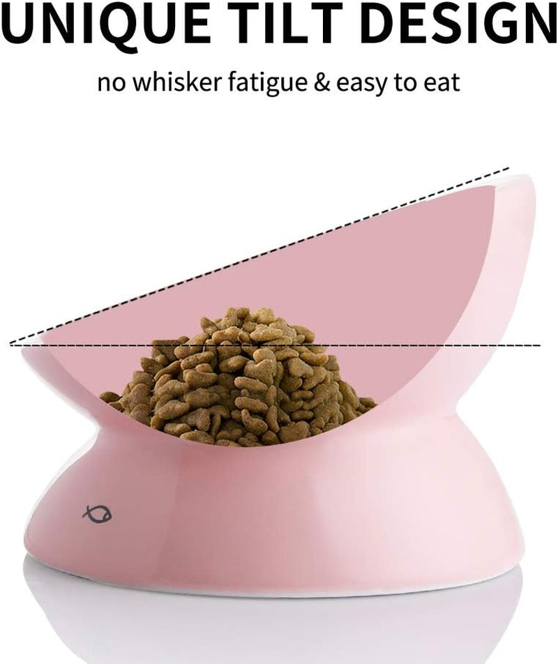 Elevated Pink Ceramic Cat Bowls - Stress-Free Slanted Design for Food & Water, Protects Cat's Spine with Backflow Prevention