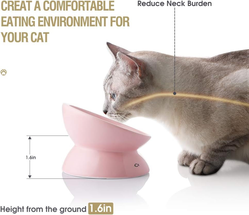 Elevated Pink Ceramic Cat Bowls - Stress-Free Slanted Design for Food & Water, Protects Cat's Spine with Backflow Prevention